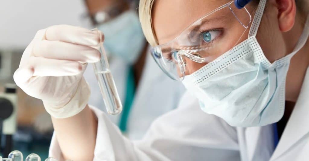 Researcher holding a vial and looking at it